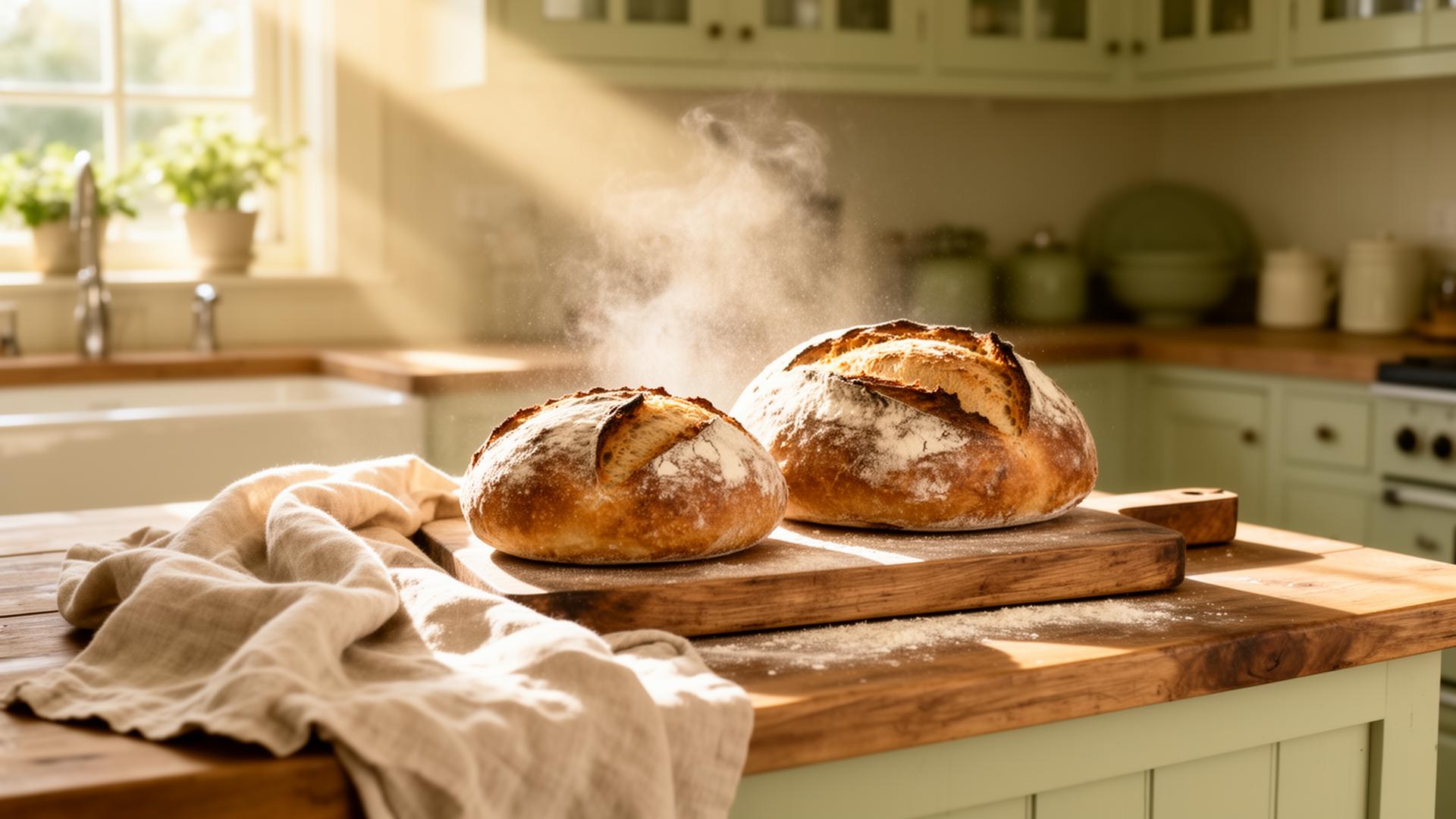 Fresh sourdough loaves cooling on a sunlit farmhouse counter
